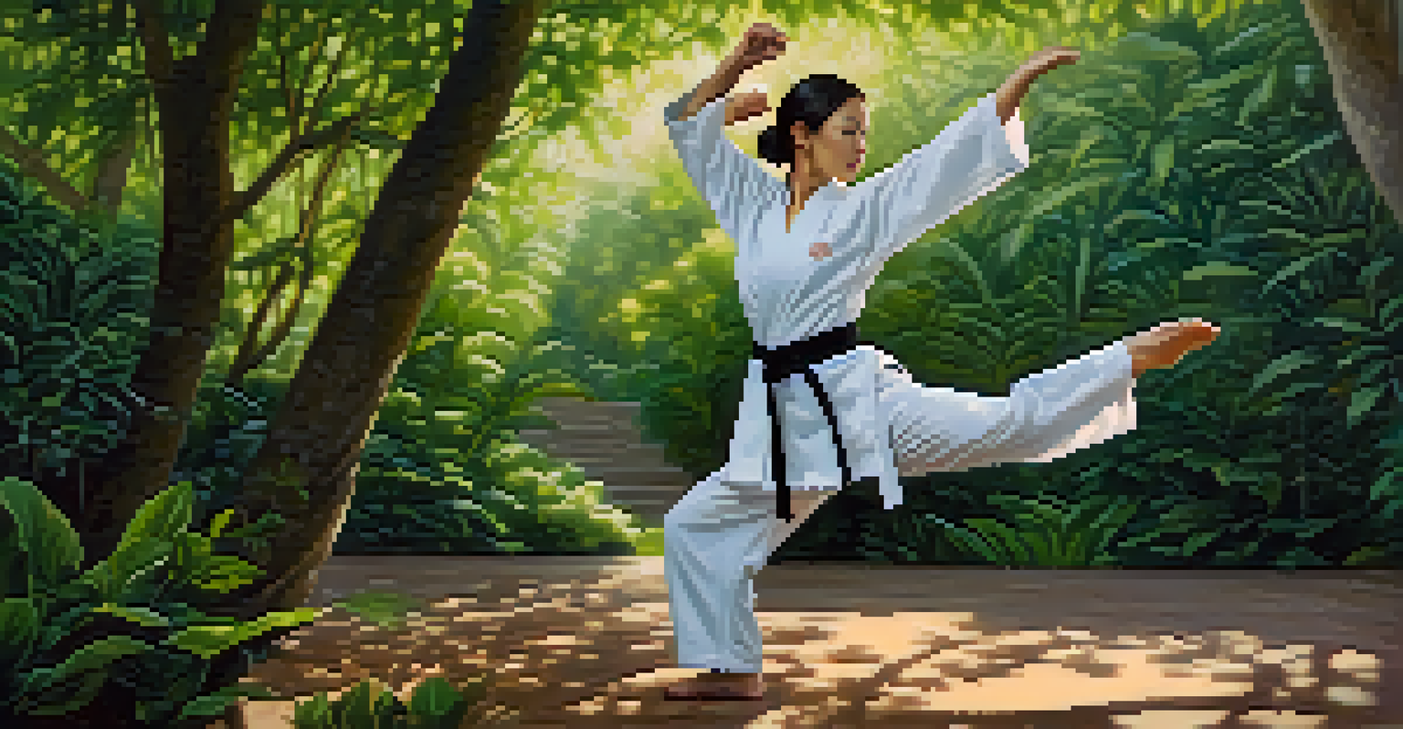 A woman demonstrating a martial arts move outdoors, embodying confidence and empowerment amidst nature.