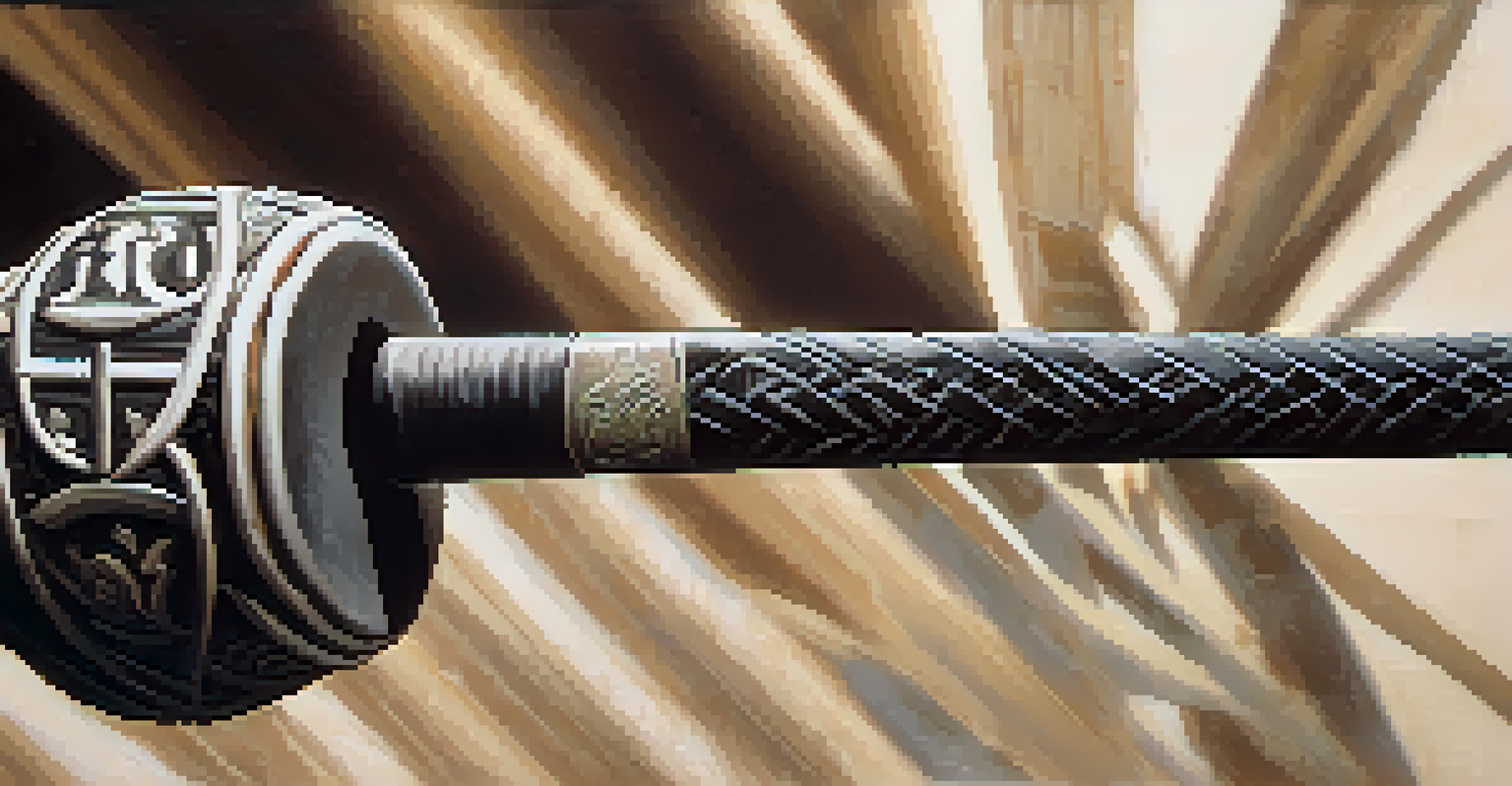A close-up of a martial artist's hand gripping a wooden training weapon, showcasing determination and focus in the background.