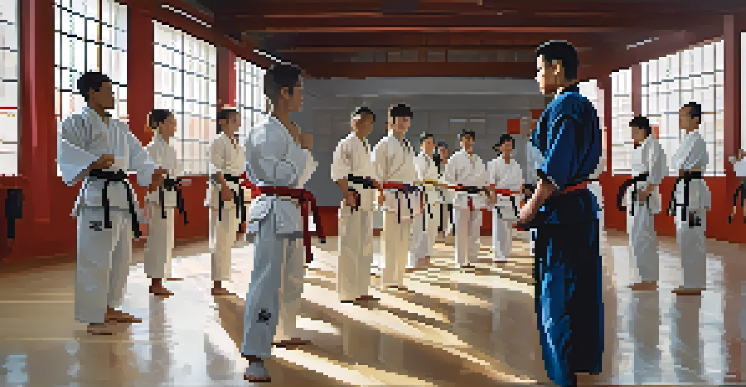 A diverse group of martial arts students training together in a gym, displaying different colored belts.