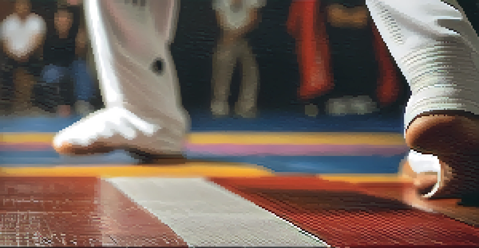 Close-up of a martial artist's feet practicing footwork drills on a textured training mat, with a blurred background.