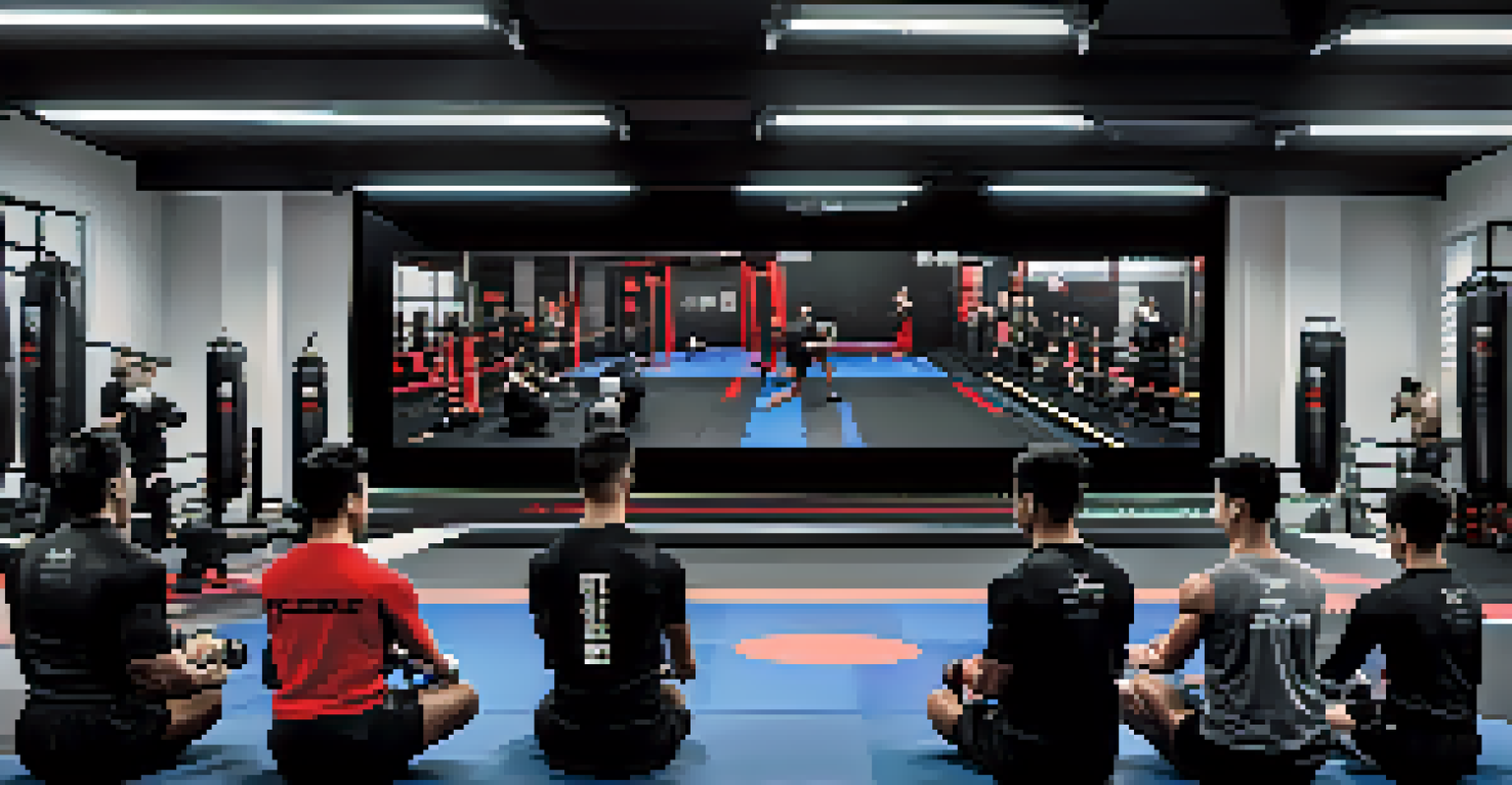 A coach analyzing sparring footage on a tablet in a modern gym with athletes wearing smart protective gear.