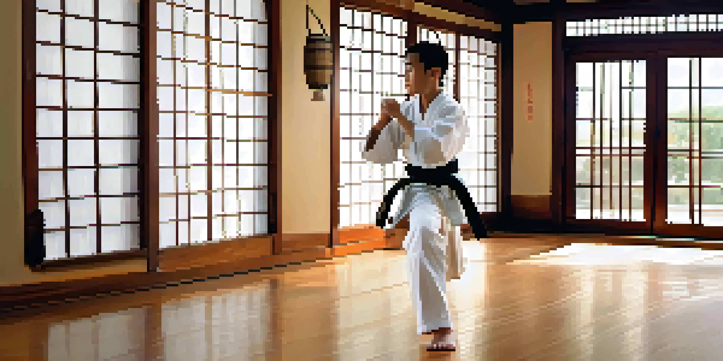 A peaceful martial arts dojo with a student practicing kata in a white gi, surrounded by traditional decorations.