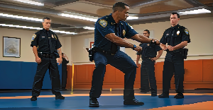 A law enforcement officer performing a self-defense striking technique in a training space, showcasing concentration and skill.