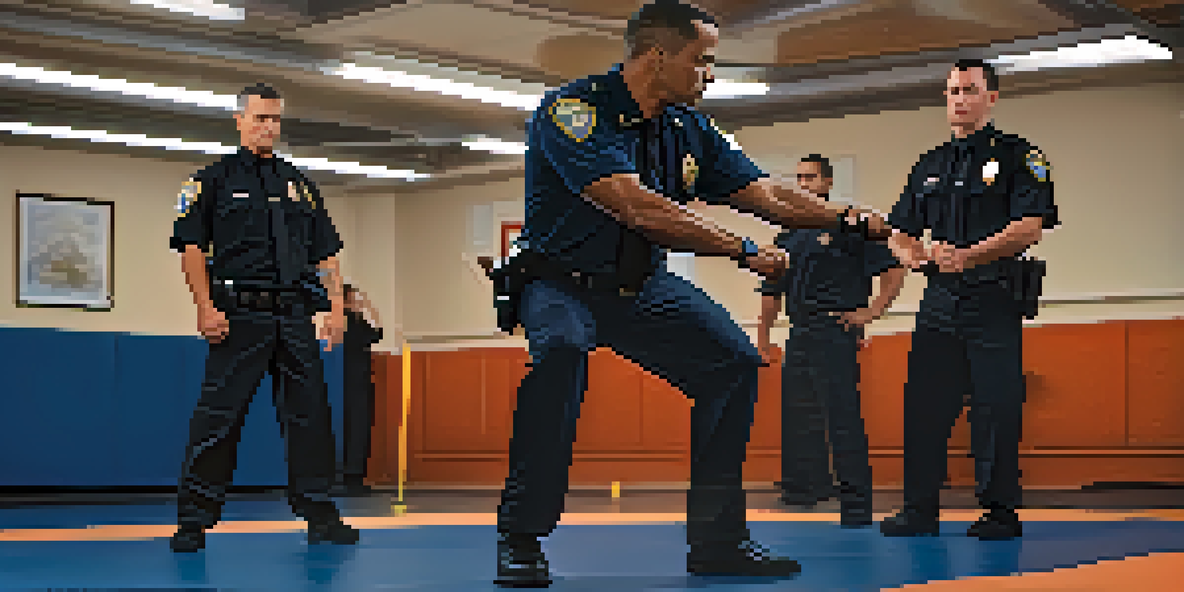 A law enforcement officer performing a self-defense striking technique in a training space, showcasing concentration and skill.