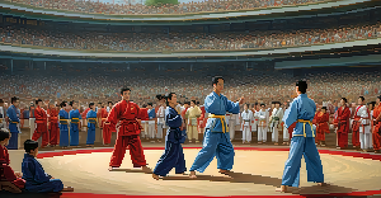 A family cheering for each other at a martial arts tournament, displaying excitement and support.