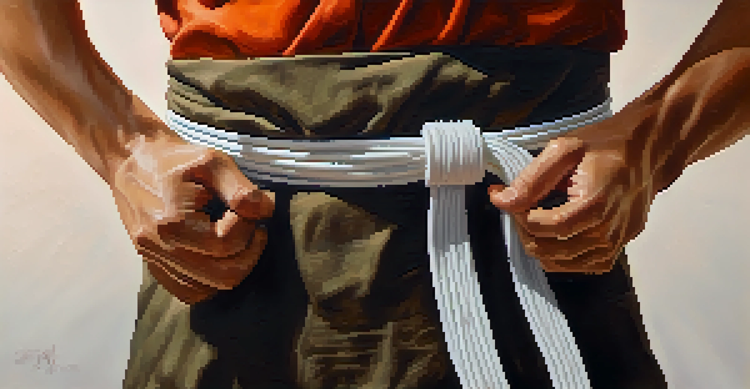 Close-up of hands wrapping a martial arts belt, highlighting the textures and knot.