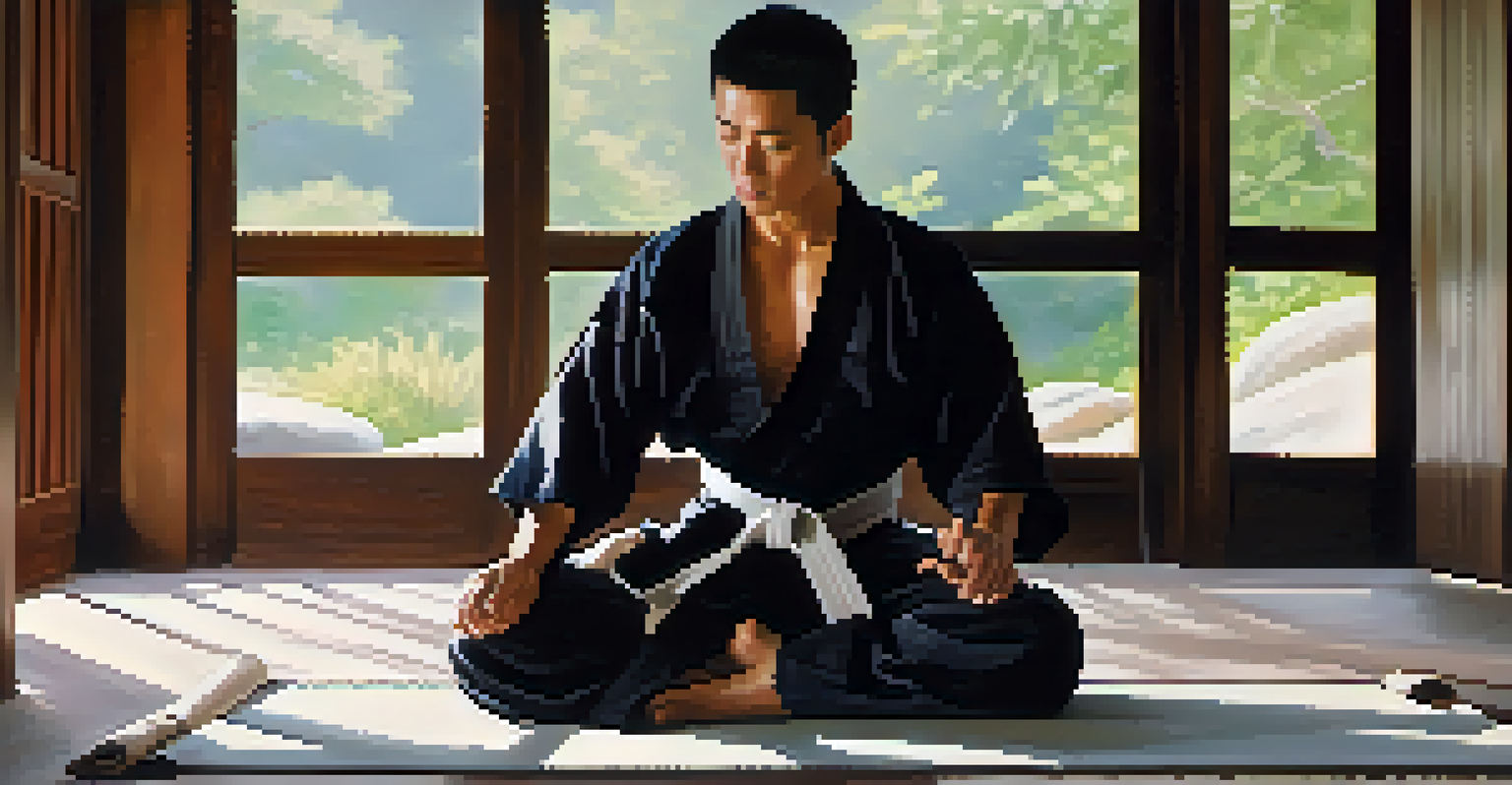 A close-up of a martial artist sitting cross-legged, practicing deep breathing, in a tranquil environment with soft natural light.