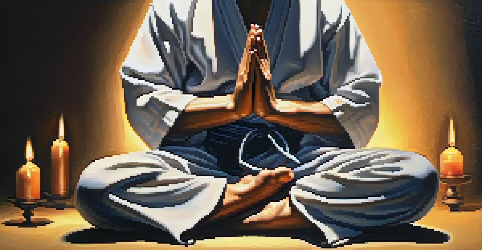 Close-up of a martial artist's hands in a meditation pose with candlelight in the background.