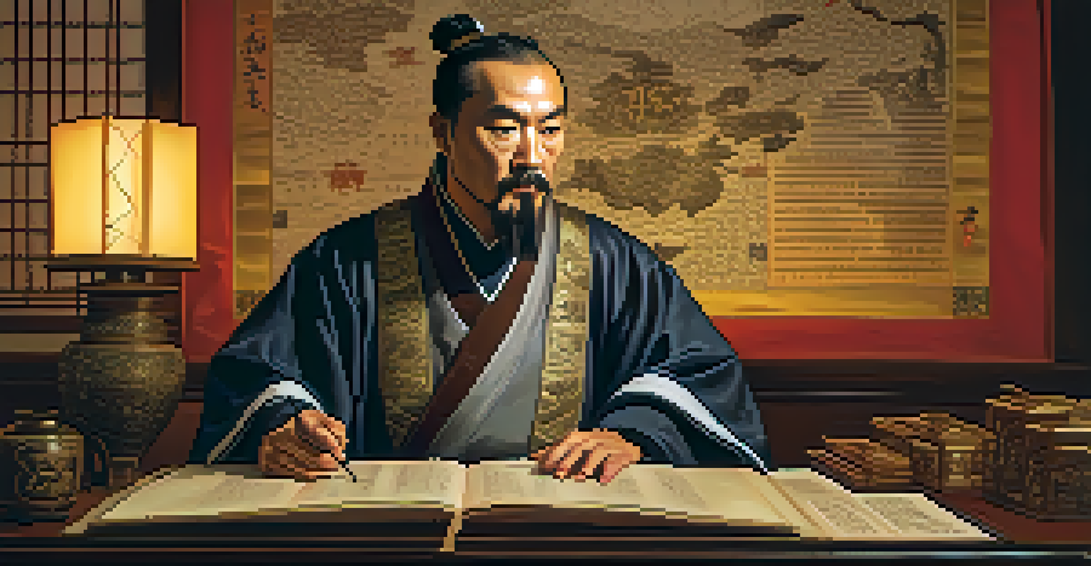 A depiction of Sun Tzu in traditional robes, surrounded by scrolls and maps, contemplating strategy in a warmly lit room.
