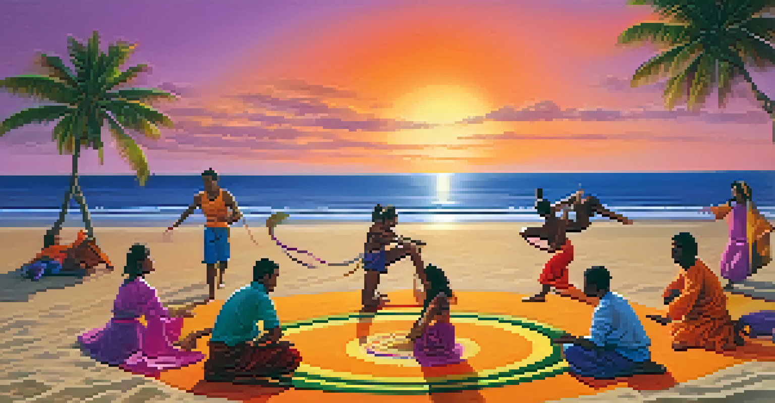 Capoeira practitioners performing acrobatics on a beach during sunset with musical instruments in the background.