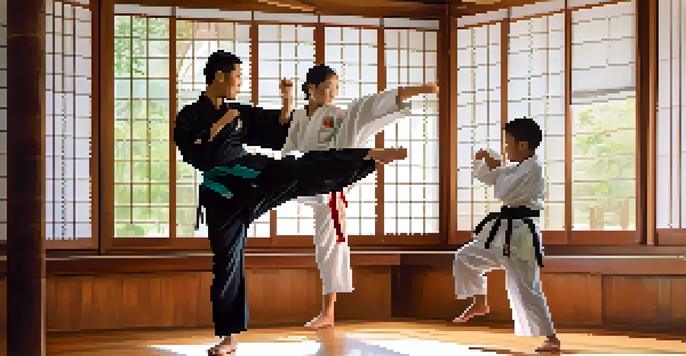 A family practicing martial arts in a dojo, with children performing moves and parents supporting them.