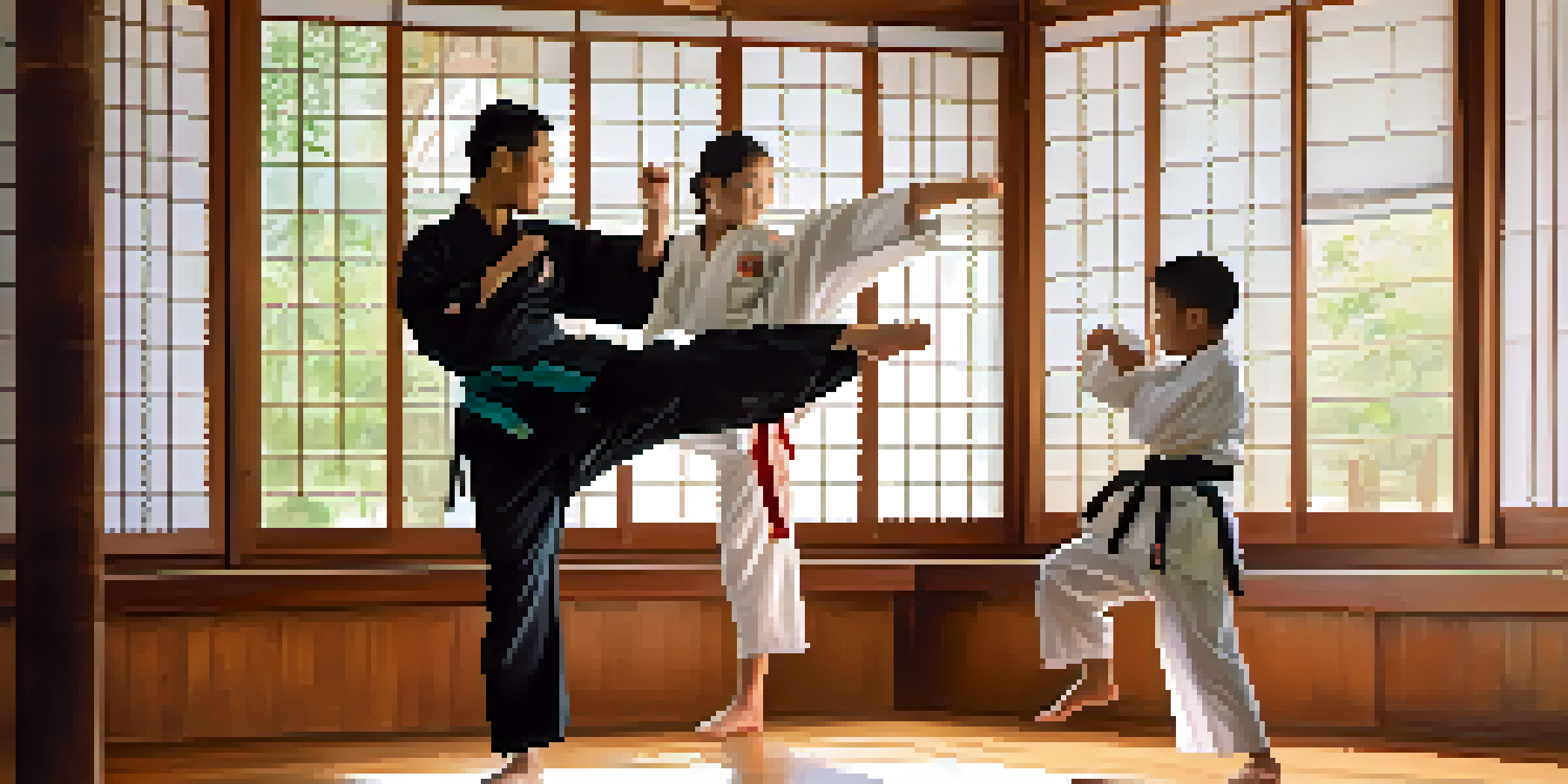 A family practicing martial arts in a dojo, with children performing moves and parents supporting them.