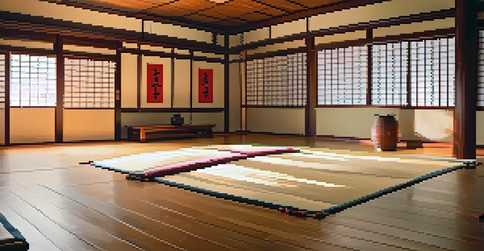 A quiet dojo with students in uniforms bowing at the entrance, surrounded by traditional Japanese decor and warm lighting.