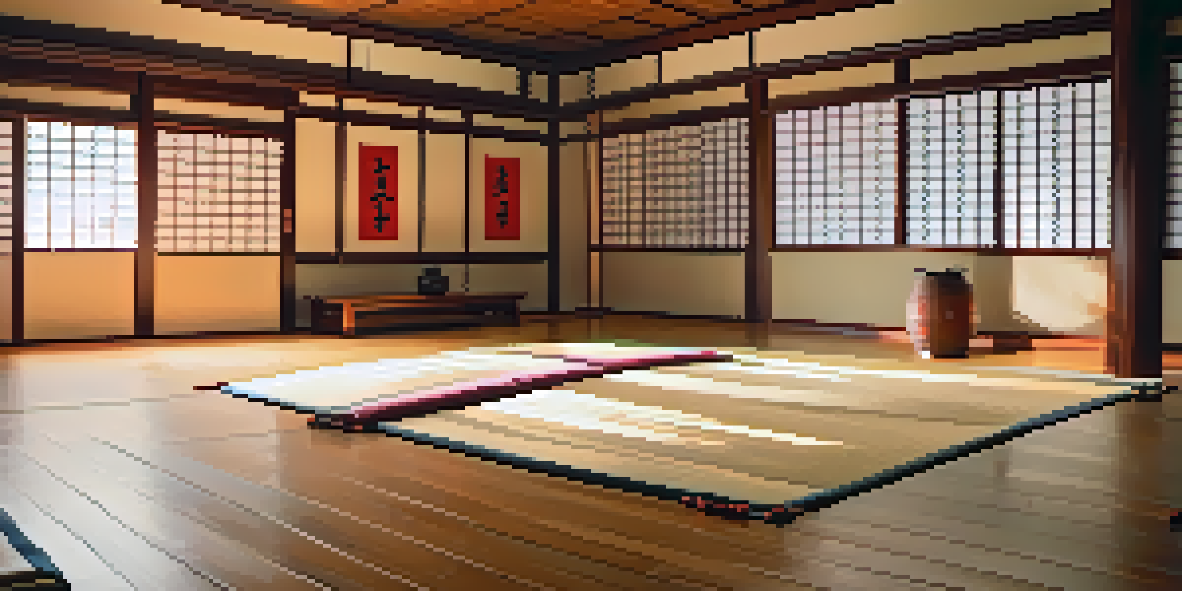 A quiet dojo with students in uniforms bowing at the entrance, surrounded by traditional Japanese decor and warm lighting.