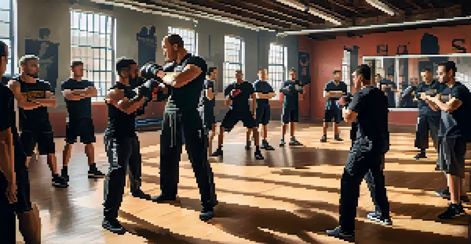 An instructor demonstrating Krav Maga self-defense techniques to students in an urban gym setting.