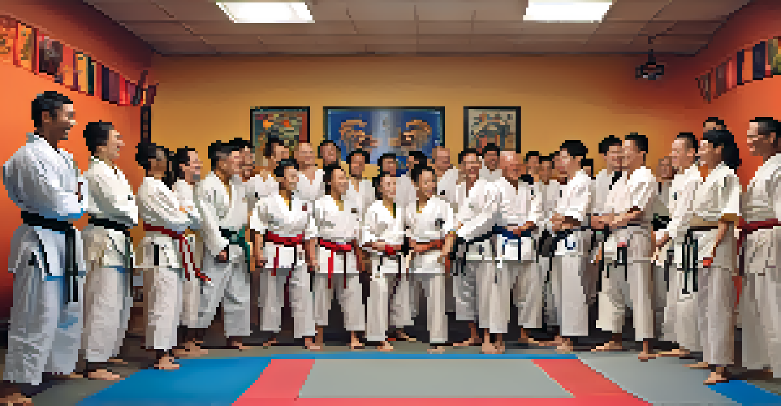 A group of martial artists of various backgrounds sharing a joyful moment in a dojo, surrounded by inspiring decorations.
