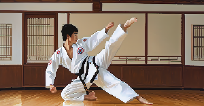 A martial artist executing a front kick in a dojo, wearing a white uniform with a focused expression and bright lighting.