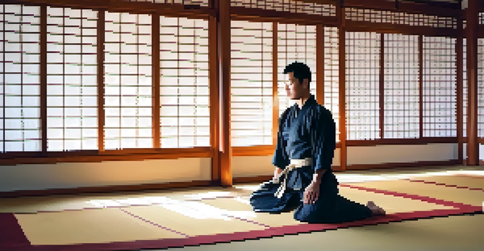 A martial artist stretching in a sunlit dojo, emphasizing recovery and flexibility.