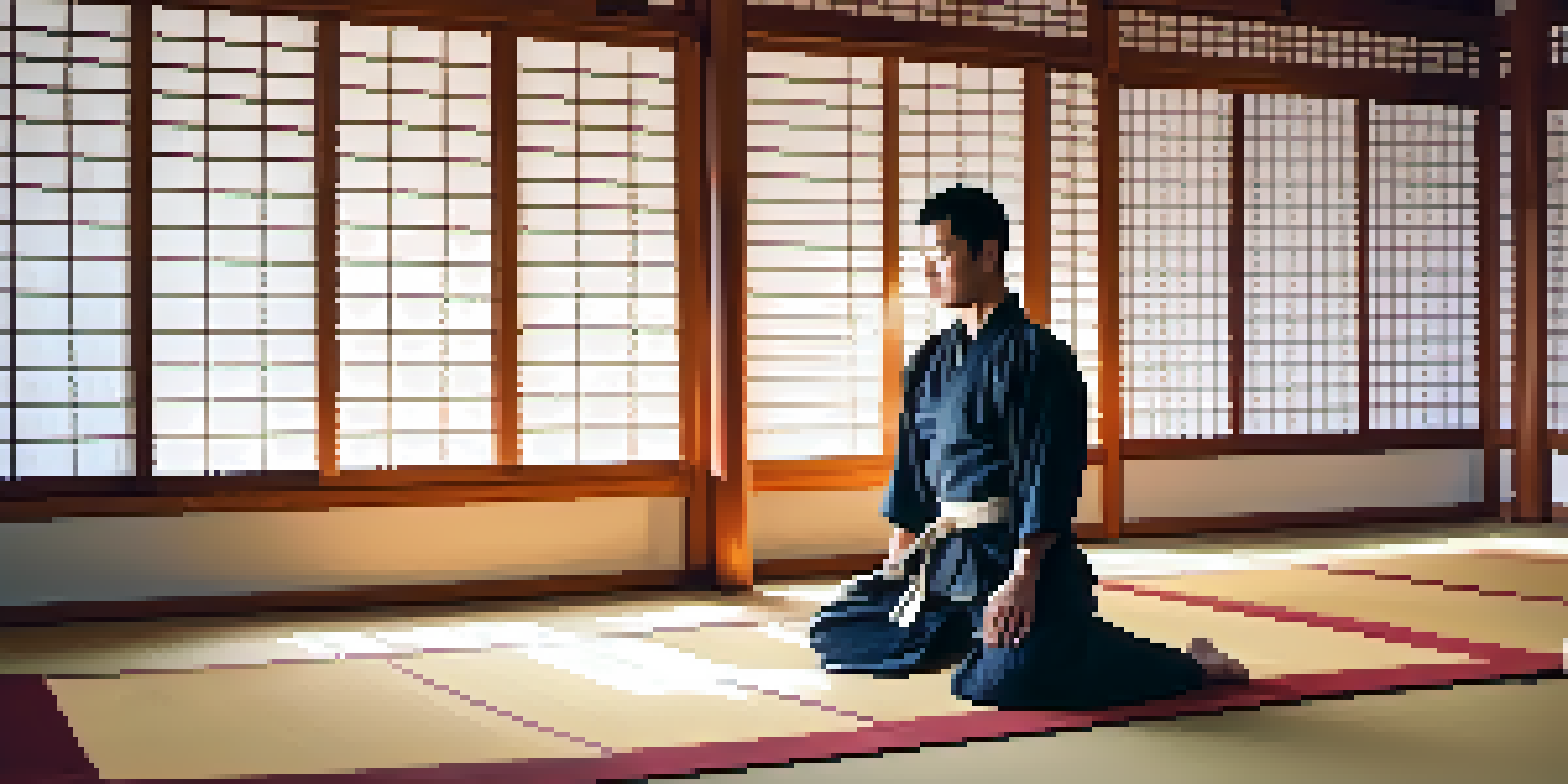 A martial artist stretching in a sunlit dojo, emphasizing recovery and flexibility.