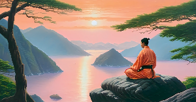 A martial artist meditating on a cliff at sunrise, surrounded by nature.
