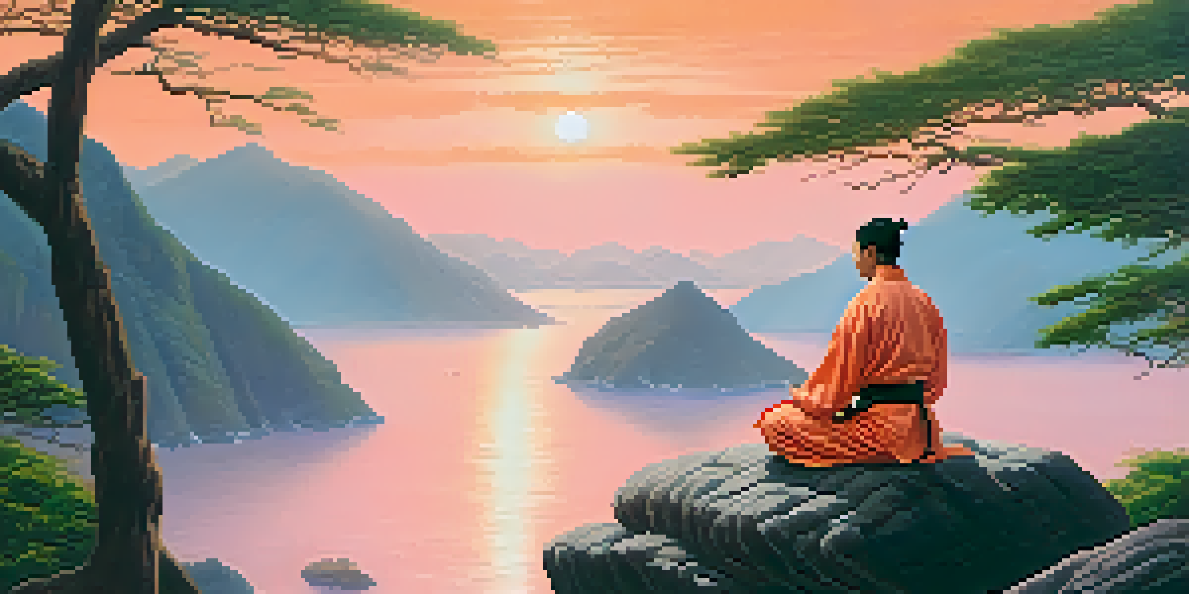 A martial artist meditating on a cliff at sunrise, surrounded by nature.