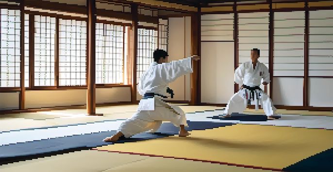 A judoka in a white gi performing a throw in a traditional dojo illuminated by natural light, with Japanese calligraphy on the walls.