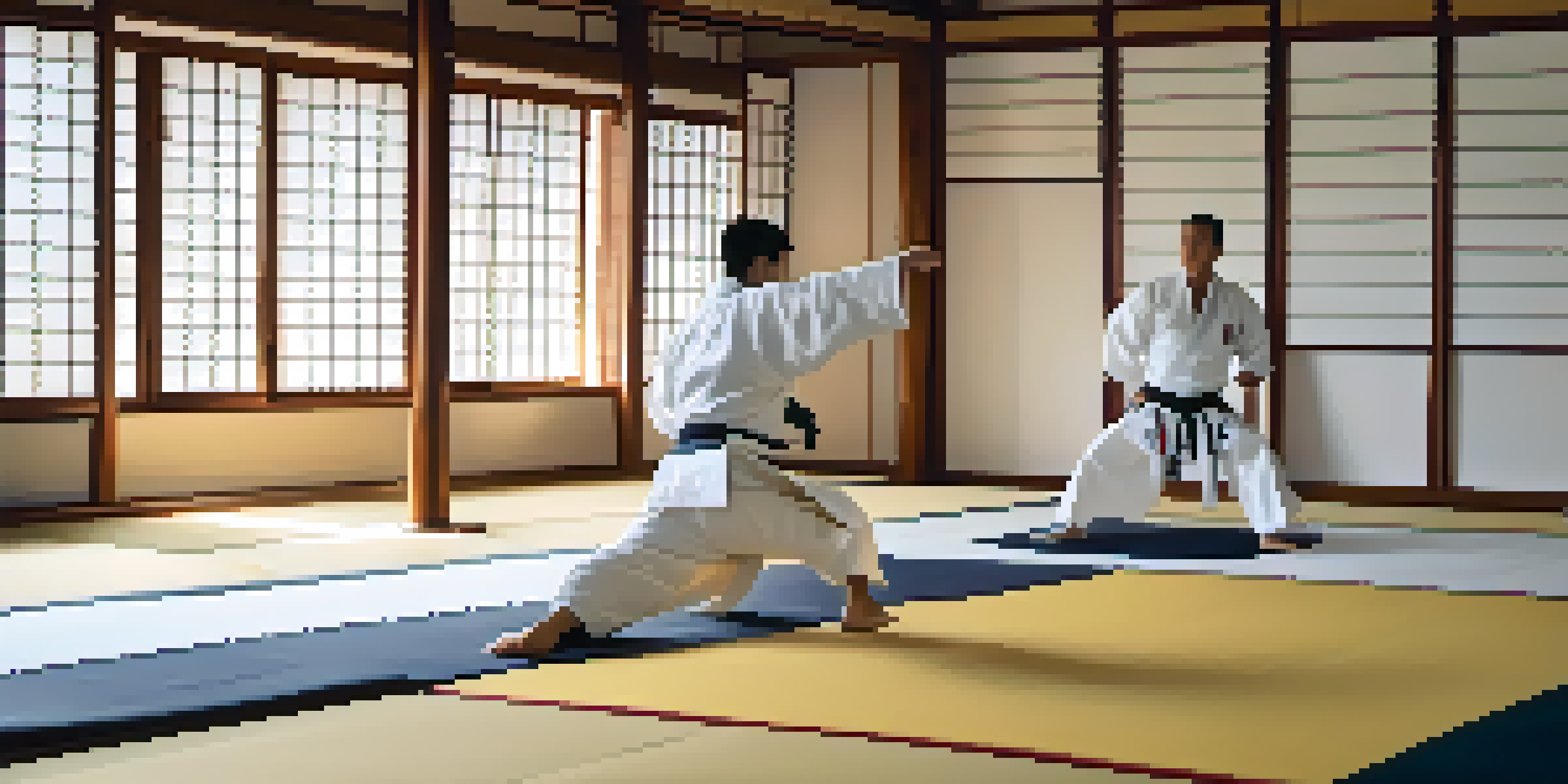 A judoka in a white gi performing a throw in a traditional dojo illuminated by natural light, with Japanese calligraphy on the walls.