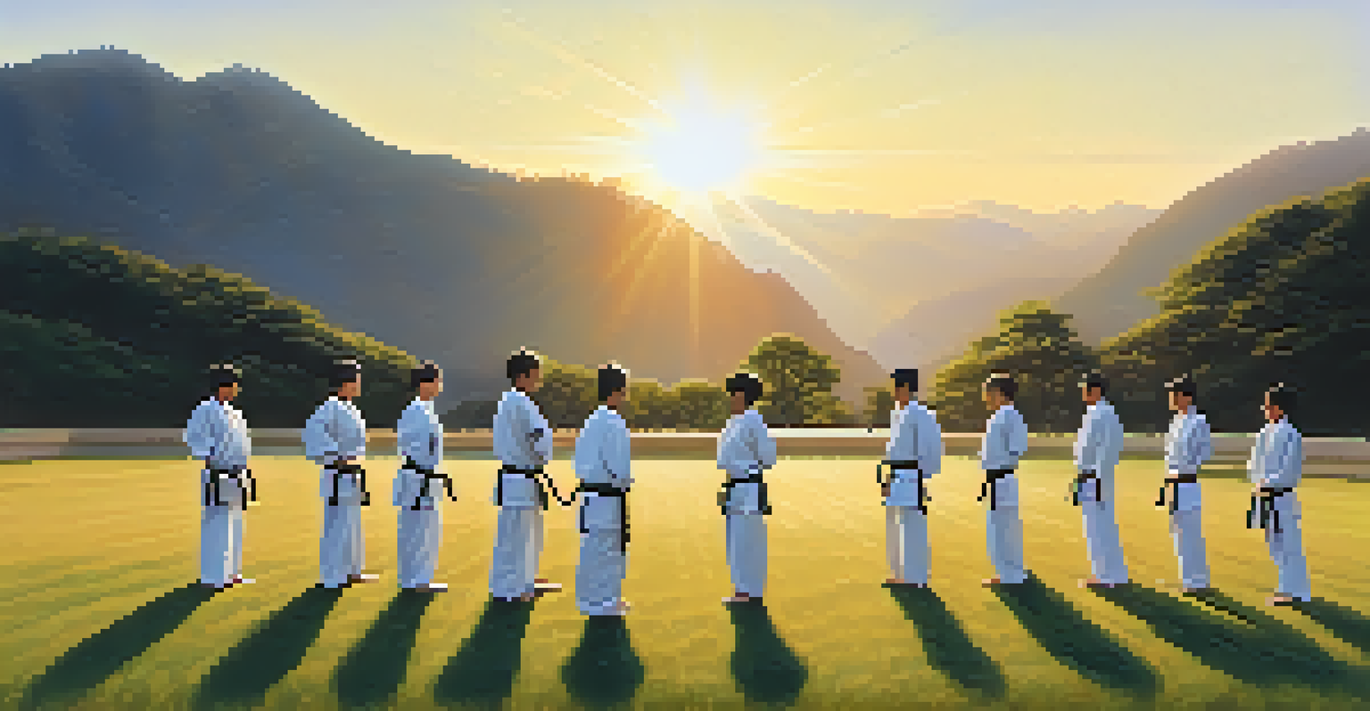 A martial arts instructor guiding students in an outdoor training session during sunrise.