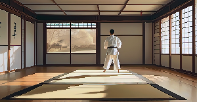 A martial artist practicing slow movements in a peaceful dojo with wooden floors and shoji screens letting in soft light.