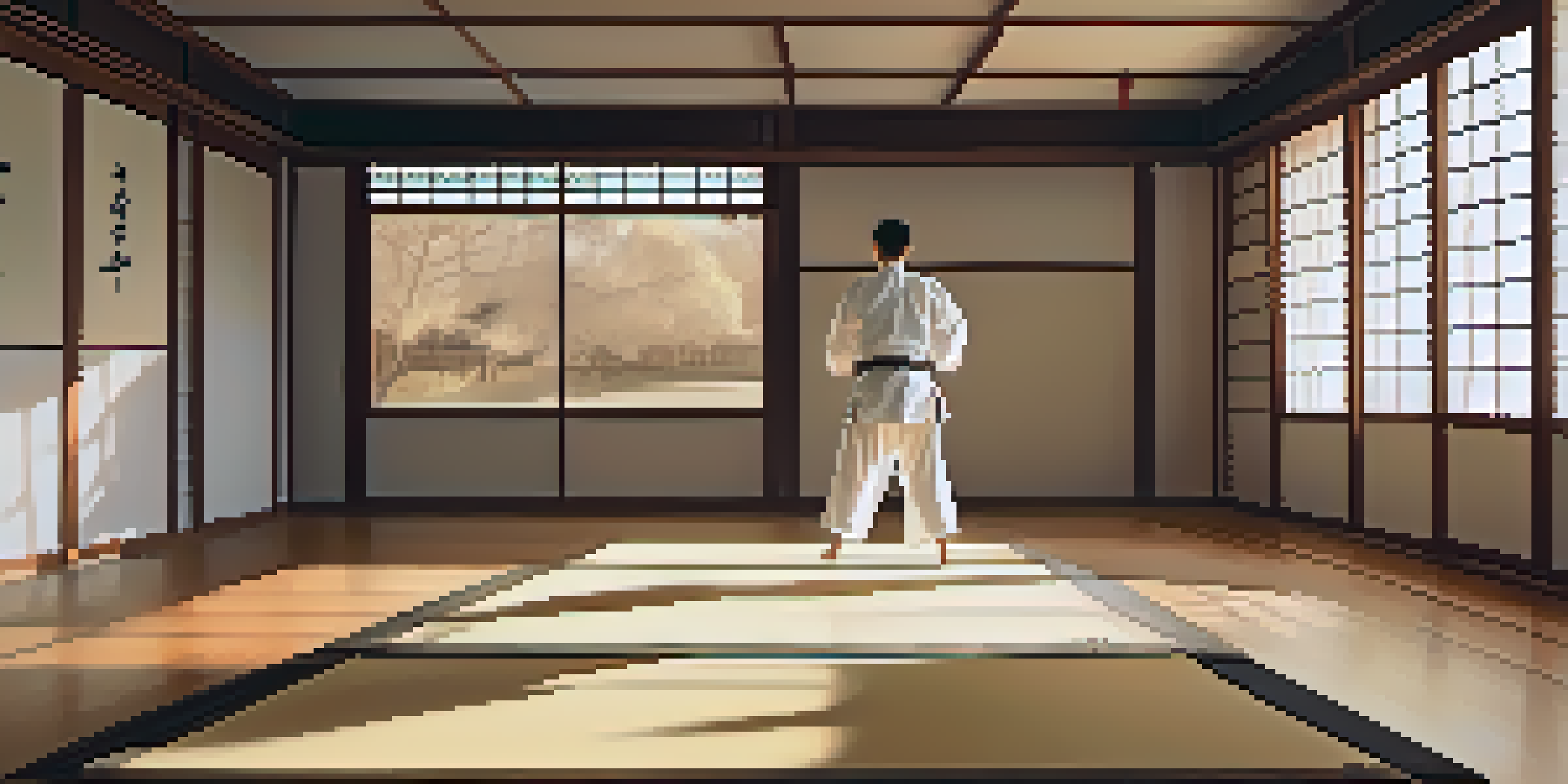 A martial artist practicing slow movements in a peaceful dojo with wooden floors and shoji screens letting in soft light.