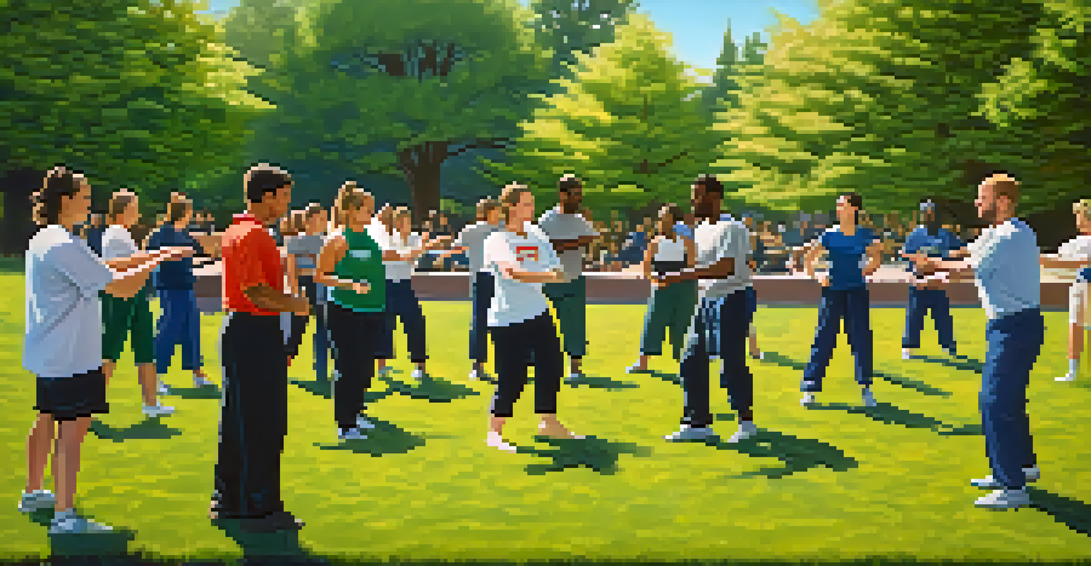 A group of people practicing self-defense techniques outdoors in a park with an instructor.