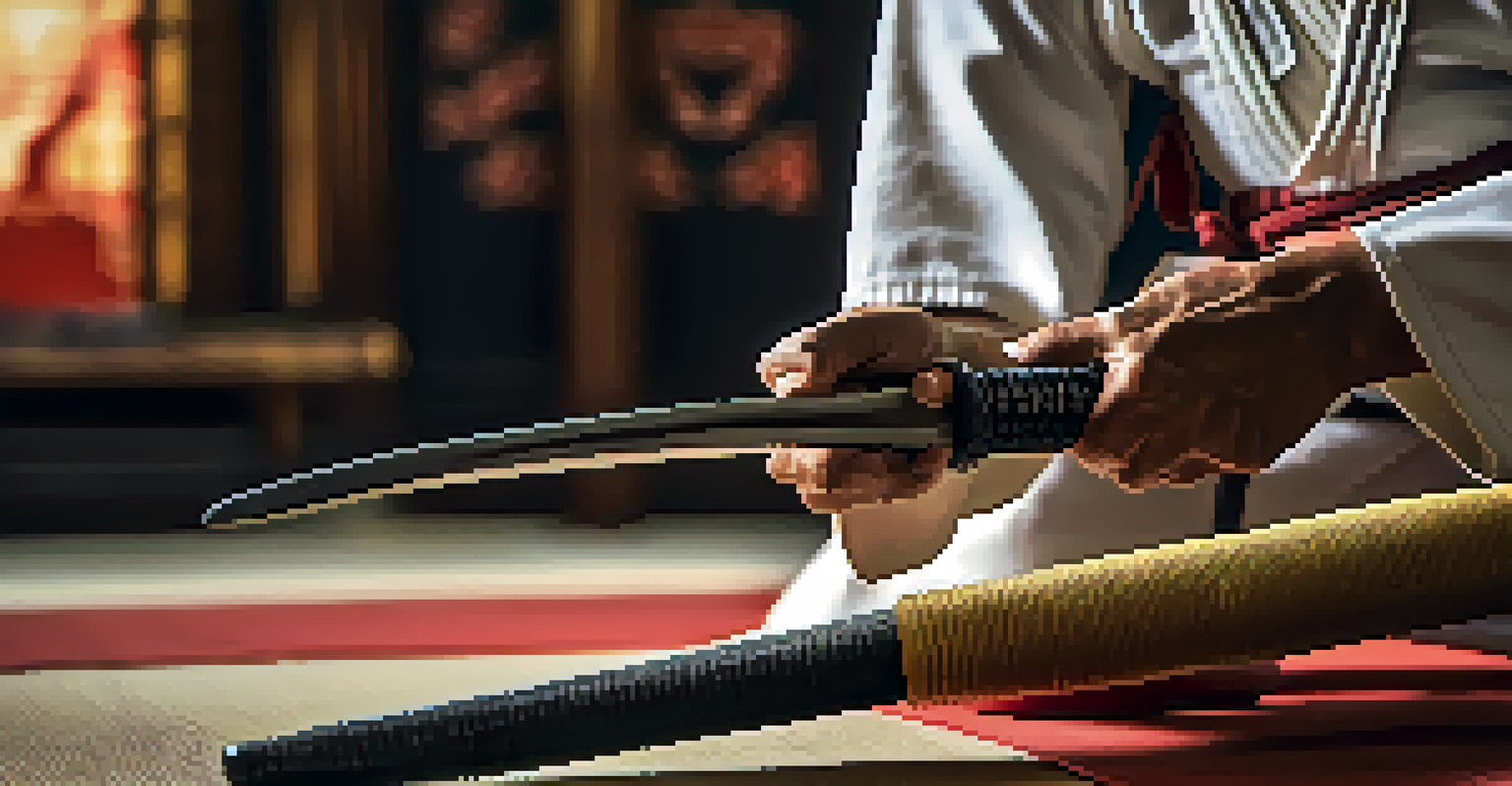 Close-up of a martial artist's hands holding a training weapon, showcasing focus and dedication.