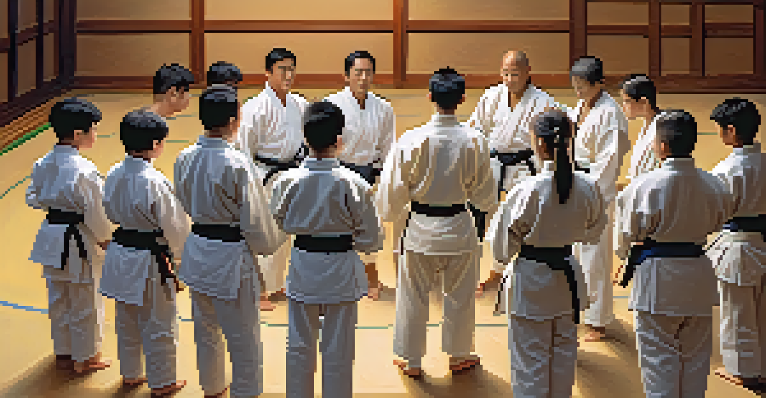 A close-up of martial artists discussing and sharing insights in a dojo, highlighting teamwork and camaraderie.