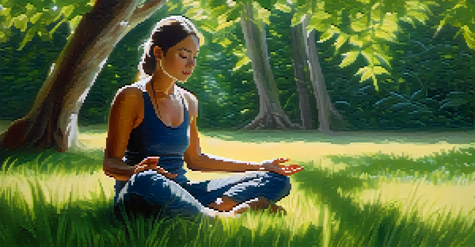 A person practicing mindfulness outdoors, seated cross-legged on the grass with a serene expression in a peaceful natural setting.