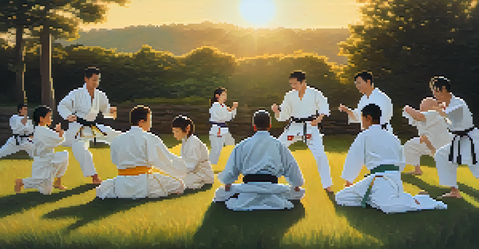 A supportive group of martial arts students practicing self-defense techniques outdoors on a sunny field, with smiles and camaraderie.
