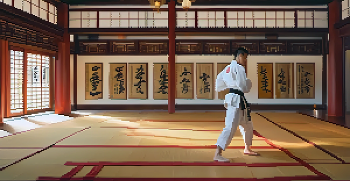 A martial artist practicing kata in a warmly lit dojo with wooden flooring and colorful mats, surrounded by trophies and calligraphy on the walls.