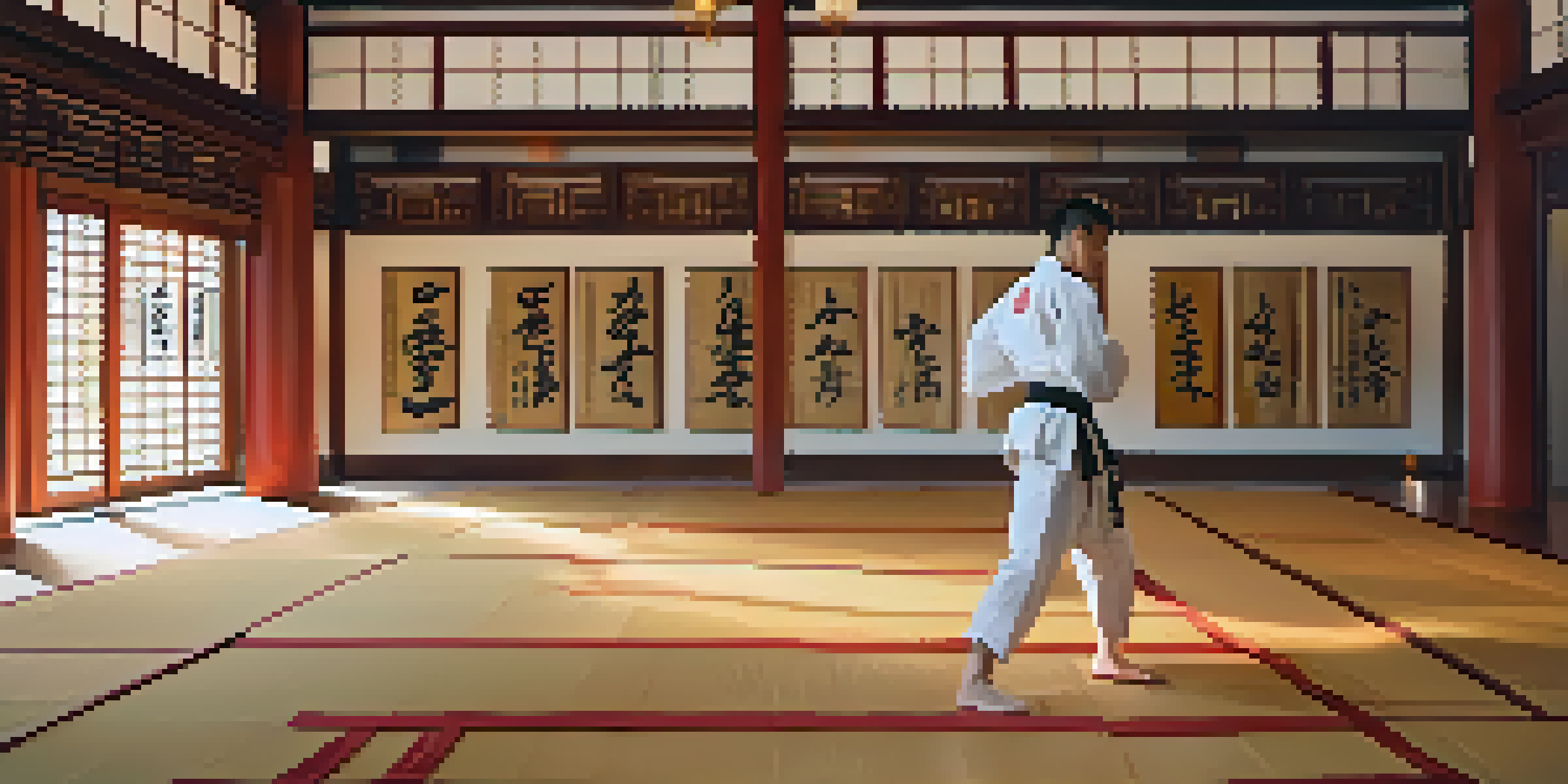 A martial artist practicing kata in a warmly lit dojo with wooden flooring and colorful mats, surrounded by trophies and calligraphy on the walls.