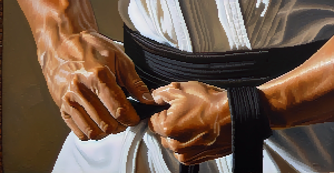 A close-up of a martial artist tying their belt, showcasing determination and commitment to training.