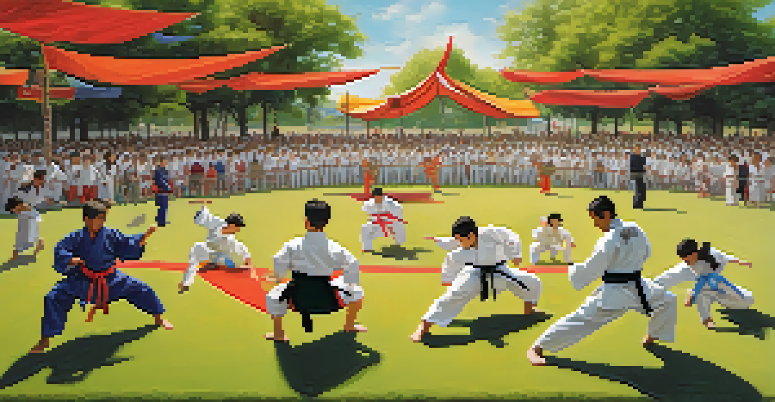 An outdoor community martial arts demonstration in a park, with families and children watching the performers.