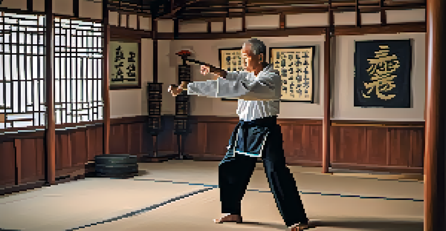 An elderly Wing Chun instructor demonstrating a technique to a focused student in a traditional dojo setting.