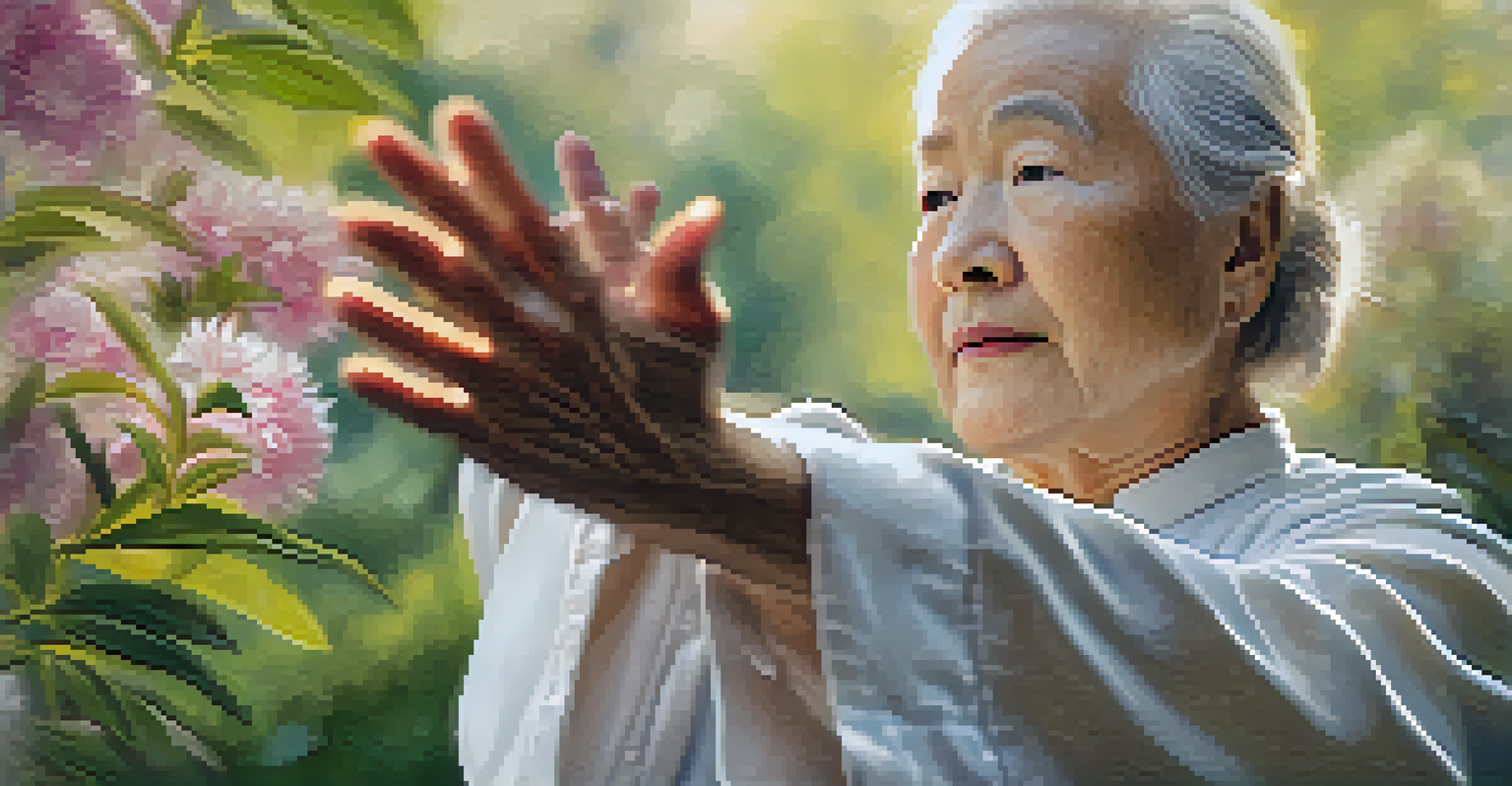 Close-up of a senior's hands performing Tai Chi in a garden, emphasizing the delicate movements and serene background.