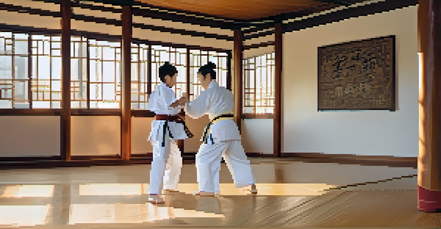 A peaceful martial arts dojo featuring a mentor teaching a young student in a sunlit room with wooden floors and martial arts banners.