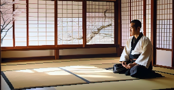 A martial artist meditating in a tranquil dojo at dawn, with cherry blossoms visible through the window.