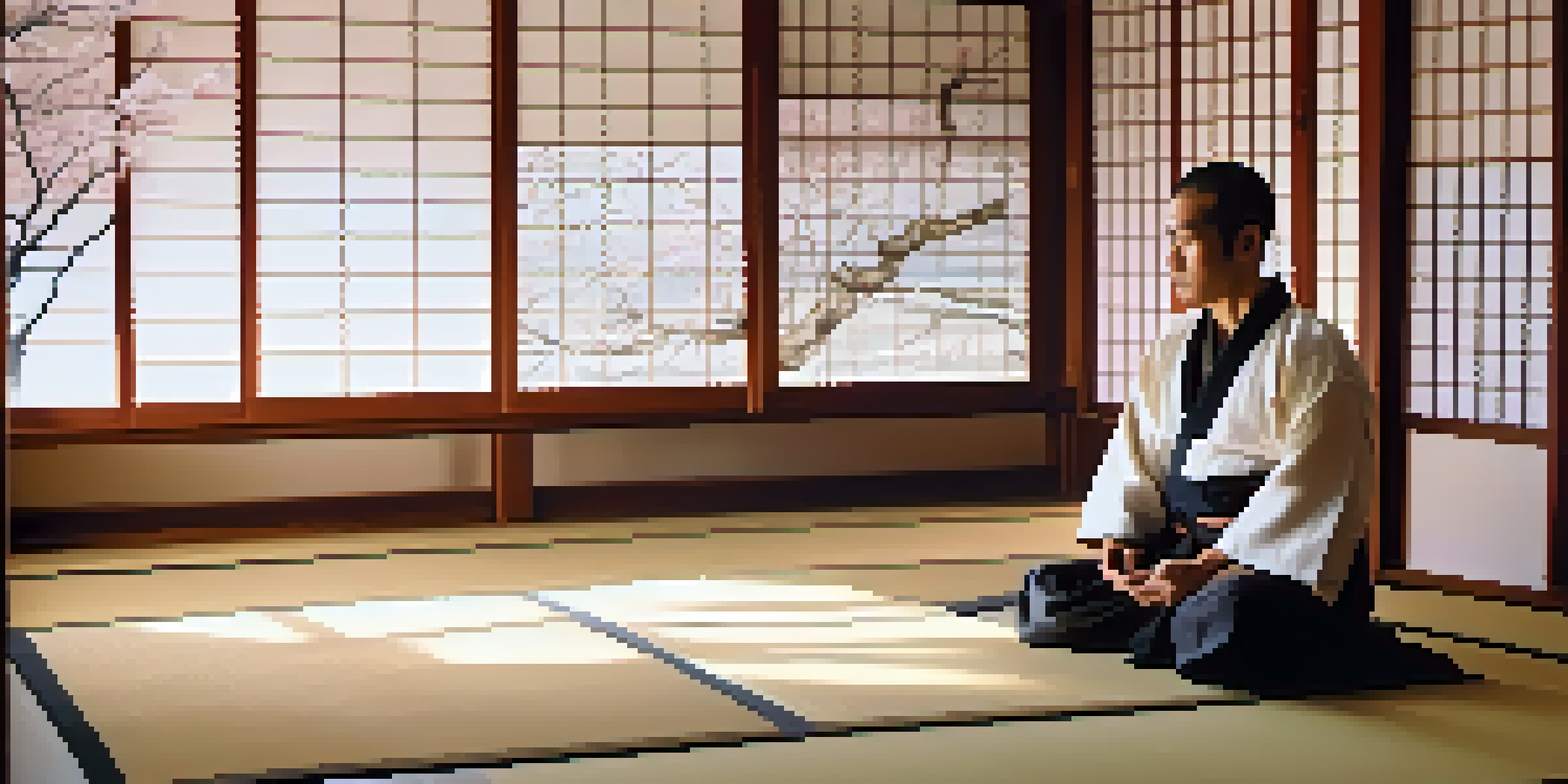 A martial artist meditating in a tranquil dojo at dawn, with cherry blossoms visible through the window.