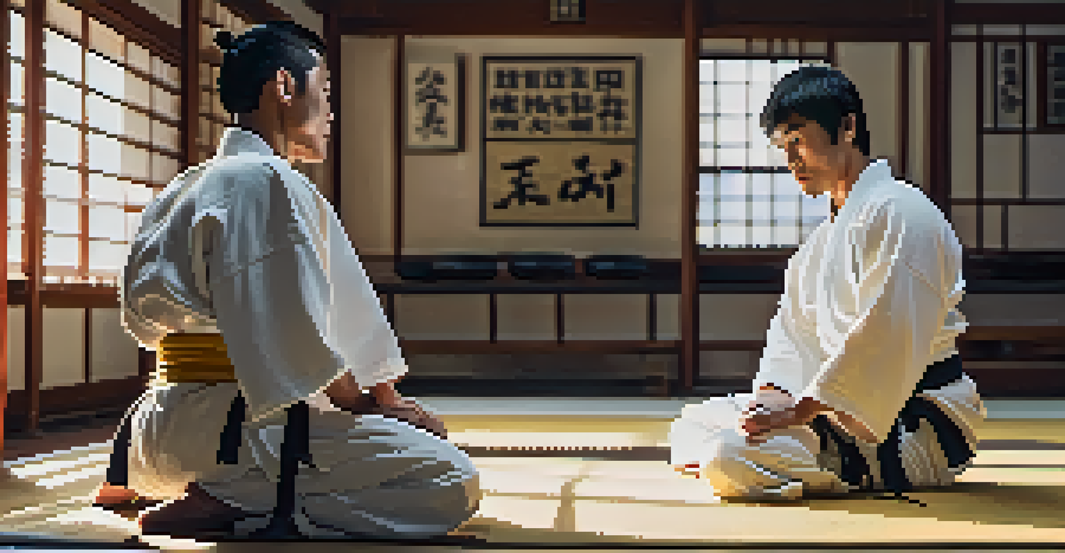 Two martial artists practicing a trust fall exercise in a dojo, highlighting trust and support.