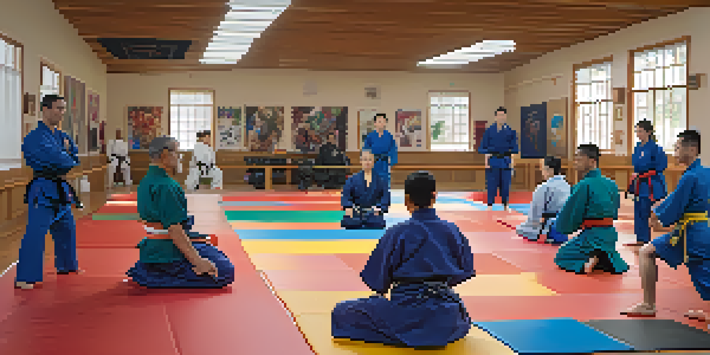A diverse group of martial arts students, including those with disabilities, practicing together in a sunny dojo, showcasing inclusivity and teamwork.