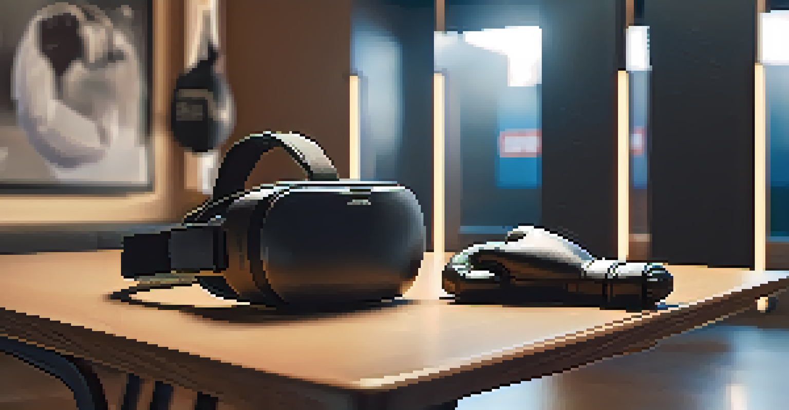 A virtual reality headset and martial arts gloves on a modern table, with a blurred training area in the background.