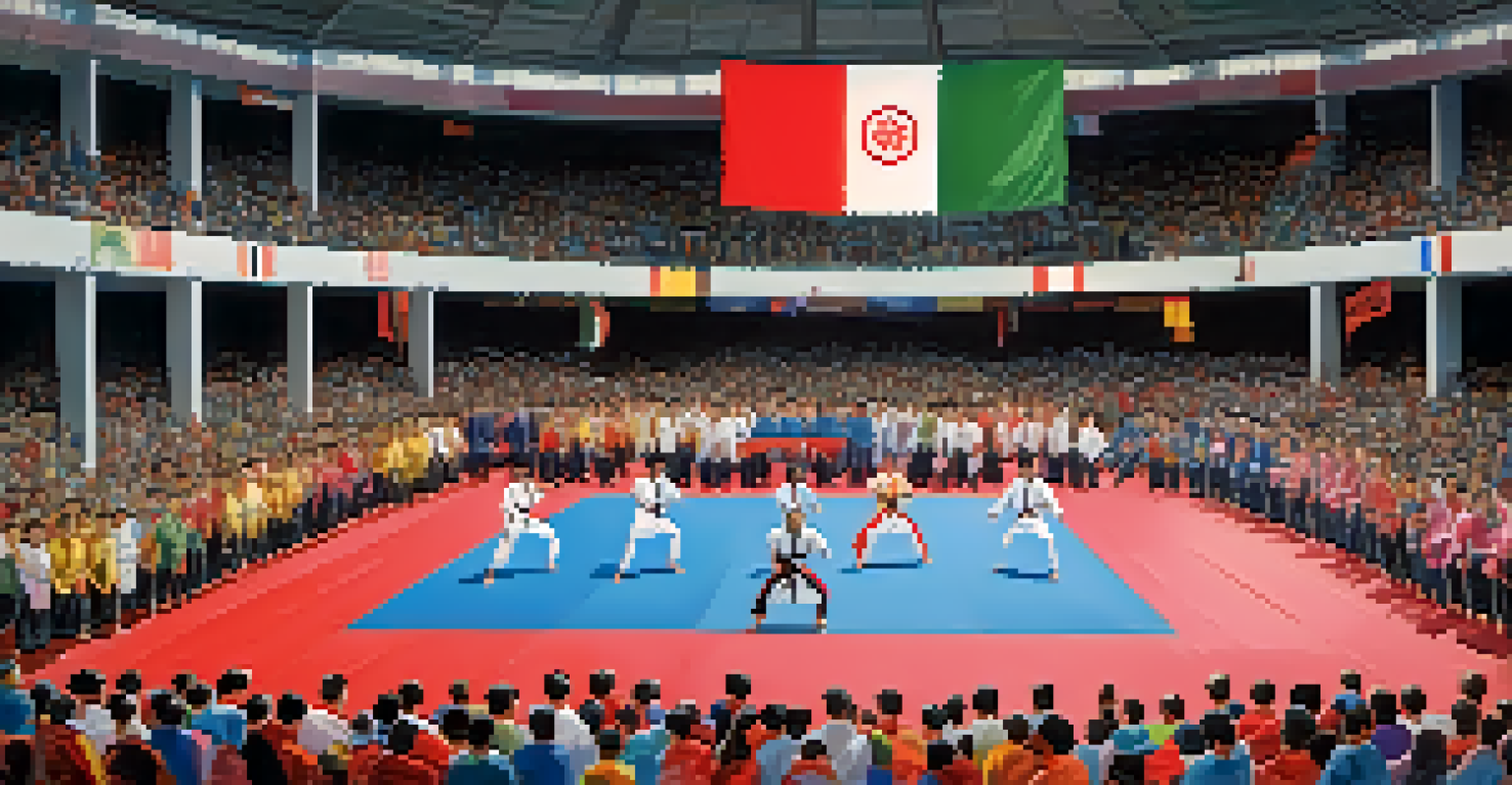 An international martial arts competition with athletes in colorful uniforms on a mat, surrounded by cheering spectators and flags from various countries.