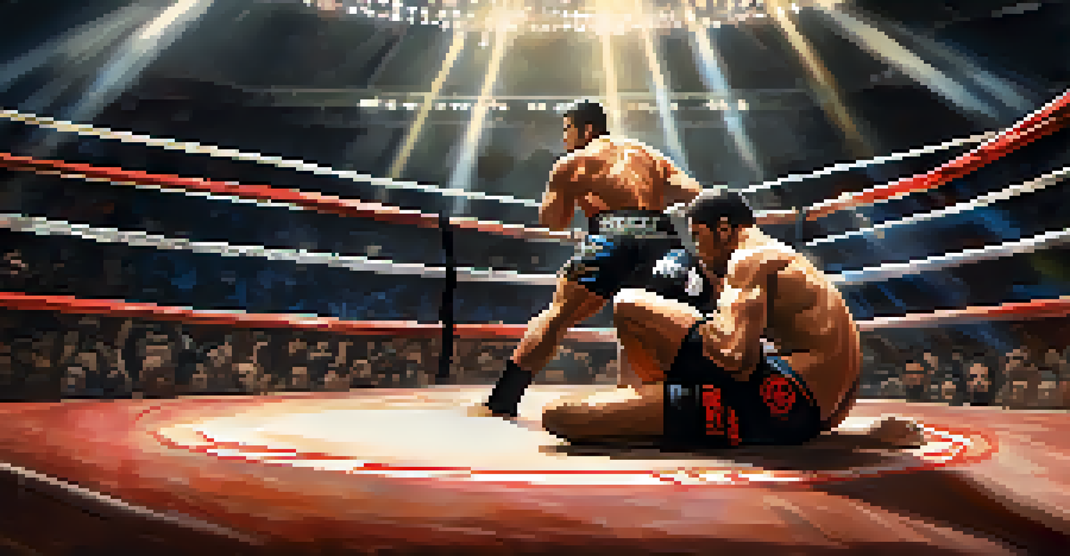 An MMA match in an arena with two fighters grappling on the mat and an excited crowd in the background.