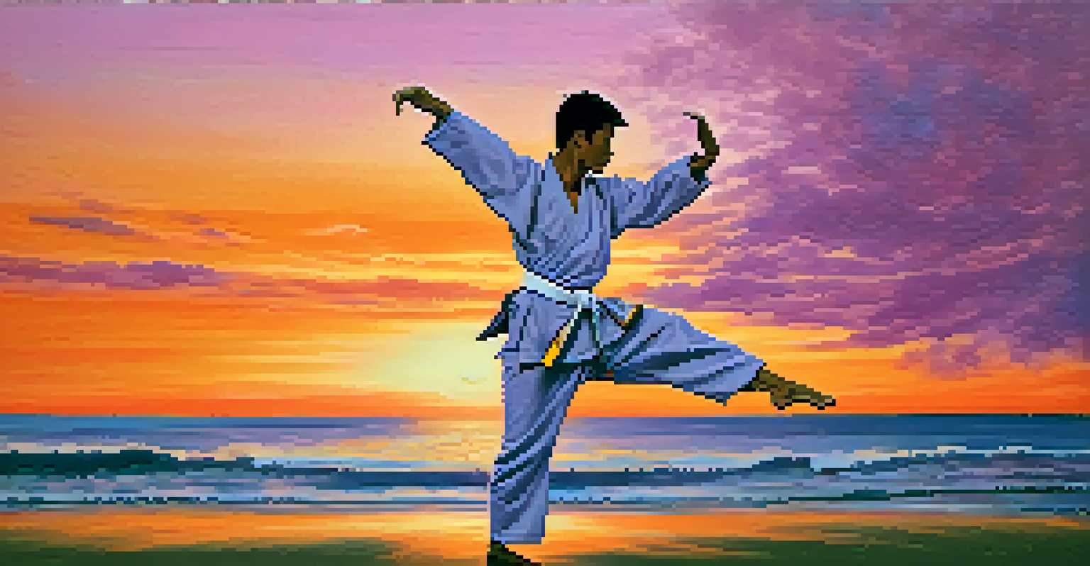 A silhouette of a martial artist performing a high kick against a stunning sunset, showcasing strength and grace.